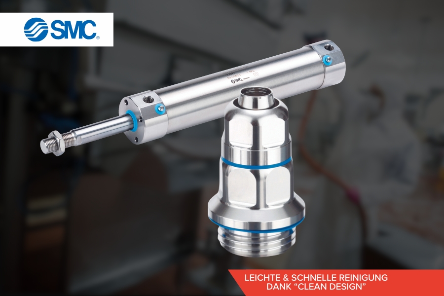 Zwei metallische Industriebauteile in zylindrischer Bauform. Oben links prangt das „SMC“-Logo, darunter steht der Text „Leichte & schnelle Reinigung dank ‚Clean Design‘“.